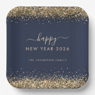 Goldener Glitzer Name Fappy New Year 2026 Navy Blu Pappteller