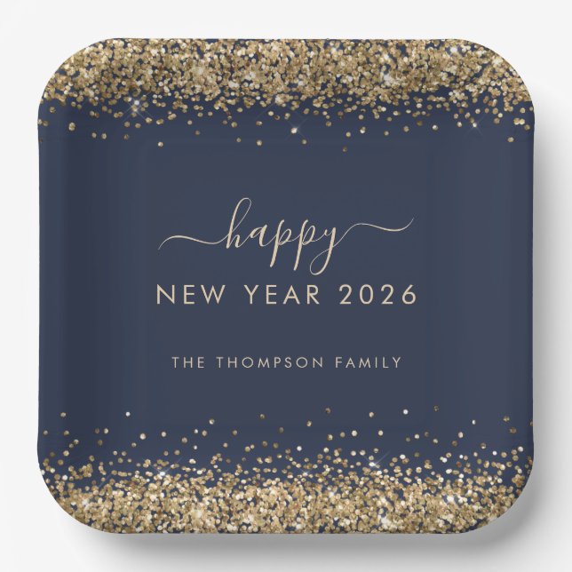 Goldener Glitzer Name Fappy New Year 2026 Navy Blu Pappteller (Vorderseite)