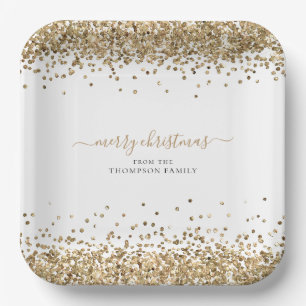 Goldener Glitzer Name Frohe Weihnachten Weiß Pappteller