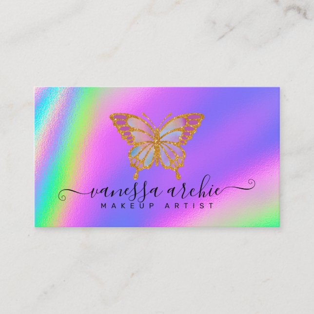 Goldener Glitzer Rainbow Holographic Butterfly Visitenkarte (Vorderseite)