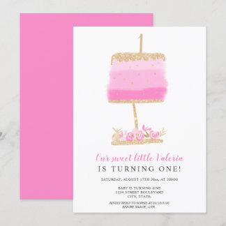 Goldener Glitzer Rosa Blumenkuchen zum ersten Gebu Einladung