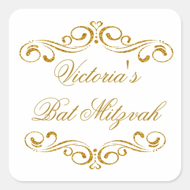 Goldener Glitzer scrollt Bat Mitzvah Logo Quadratischer Aufkleber (Vorderseite)