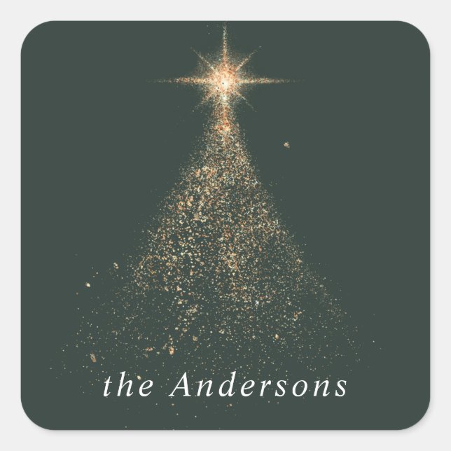 Goldener Glitzer strahlt grün Moderne Weihnachtsfe Quadratischer Aufkleber (Vorderseite)