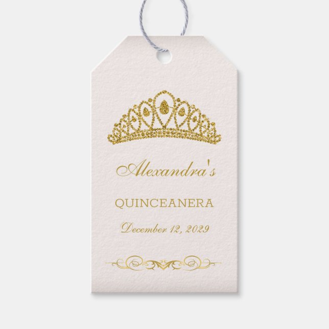 Goldener Glitzer Tiara Quinceanera Geschenkanhänger (Vorderseite)
