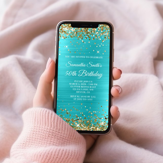 Goldener Glitzer Türkis Blauer Film 50. Geburtstag Einladung (Gold Glitter Turquoise Blue Foil 50th Birthday Invitation)