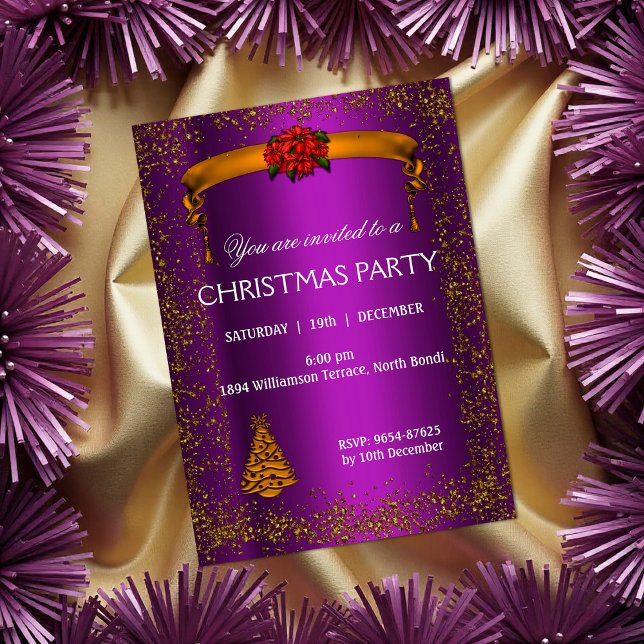 Goldener Glitzer und Lila Weihnachten Einladung (Gold Glitter and Purple Christmas Party Invitation by the Olde Christmas Shoppe)