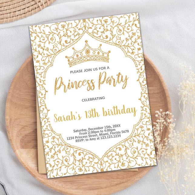 Goldener Glitzer Weiße Prinzessin Geburtstag Einladung (Golden Glitter White Princess Birthday Invitation)
