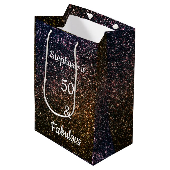 Goldener Goldener Glitzer 50 und herrlicher Geburt Mittlere Geschenktüte (Vorderseite Schrägansicht)