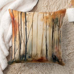 Goldener Herbst-Aquarell-Wald-Landschaftsmuster Kissen