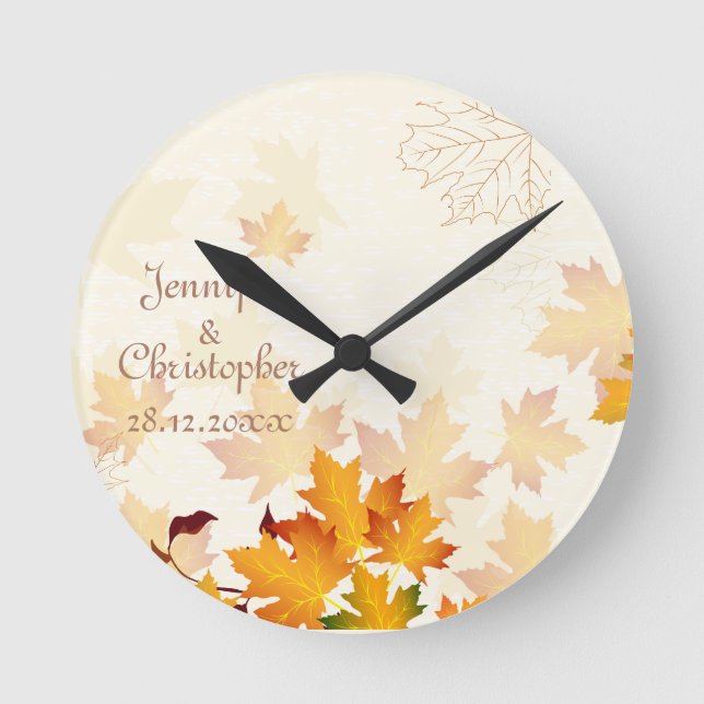 Goldener Herbst verlässt Hochzeits-Memento Runde Wanduhr (Vorderseite)