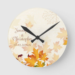 Goldener Herbst verlässt Hochzeits-Memento Runde Wanduhr