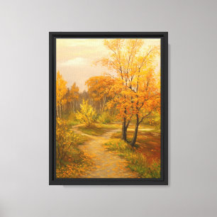 Goldener Herbstwaldpfad mit sinkenden Blätter Leinwanddruck