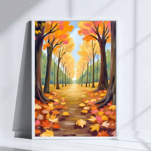 Goldener Herbstwaldweg Warme Wasserfarbenblätter Poster