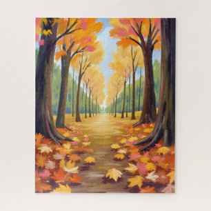 Goldener Herbstwaldweg Warme Wasserfarbenblätter Puzzle
