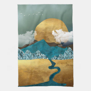 Goldener Horizont mit blauen Bergen Geschirrtuch