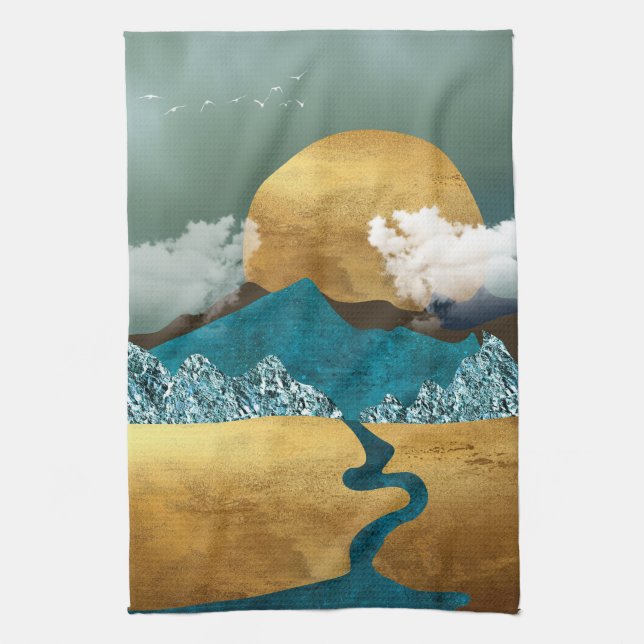 Goldener Horizont mit blauen Bergen Geschirrtuch (Vertikal)
