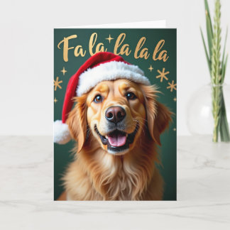 Goldener Hund in Weihnachtsmannmütze Weihnachtskar Karte