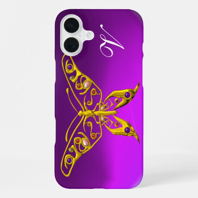 GOLDENER HYPER-SCHMETTERLING, EDELSTEINE, MONOGRAM iPhone HÜLLE (Rückseite)