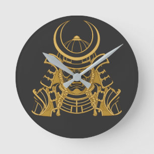 Goldener japanischer Samurai-Kabuto-Helm und Mempo Runde Wanduhr