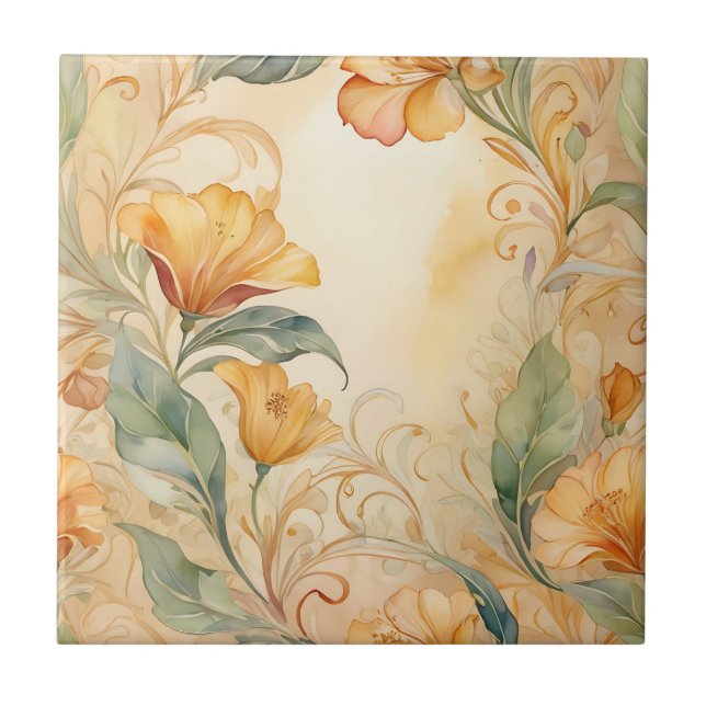 Goldener Jugendstil mit zarter Blume Fliese (Vorderseite)