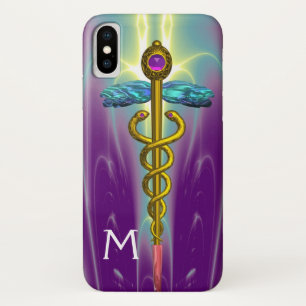 GOLDENER KADUZEUS MEDIZINSYMBOL Grünes lila Monogr iPhone X Hülle