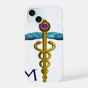 GOLDENER KADUZEUS MEDIZINSYMBOL Weißes Monogramm iPhone 15 Hülle