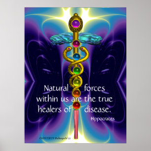 GOLDENER KADUZEUS UND 7 CHAKREN IN BLAU-VIOLETTEN POSTER