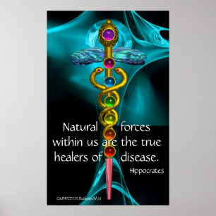 GOLDENER KADUZEUS UND 7 CHAKREN IN BLauer FRAKTALE Poster