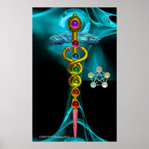 GOLDENER KADUZEUS UND 7 CHAKREN IN BLauer FRAKTALR Poster