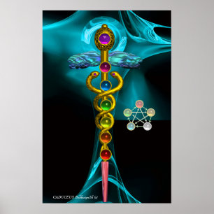 GOLDENER KADUZEUS UND 7 CHAKREN IN BLauer FRAKTALR Poster