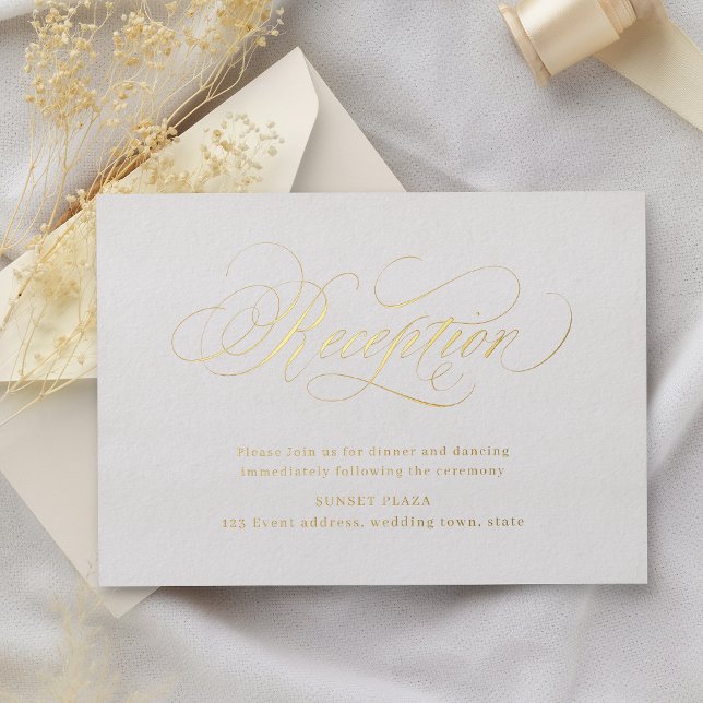 Goldener klassischer Hochzeitsempfang mit klassisc Folie Einladungspostkarte (Gold elegant classic calligraphy wedding reception foil card)