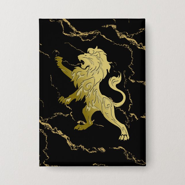 Goldener Königslöwe Schwarzer Marmor Button (Vorderseite)