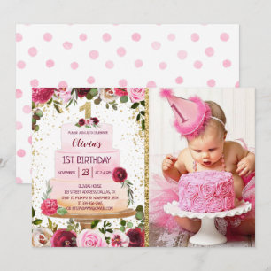 Goldener Kuchen Einladung zum 1. Geburtstag mit Fo