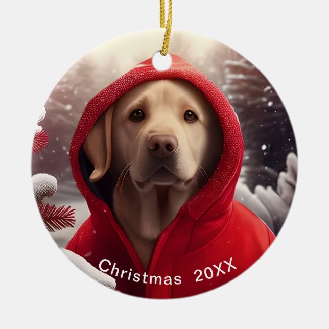 Goldener Labrador Weihnachtsdatum oder Pet-Foto hi Keramik Ornament (Vorne)