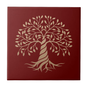 Goldener Lebensbaum mit rotem Hintergrund Grafik K Fliese