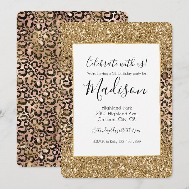 Goldener Leopard Print Glitzer personalisiert Einladung (Vorne/Hinten)