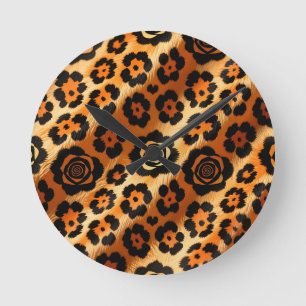 Goldener Leopard-Rosen-Tierdruck Runde Wanduhr