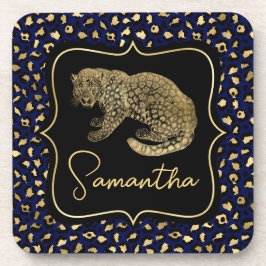 Goldener Leopard und Blaues Leopardenmuster Getränkeuntersetzer