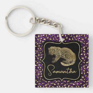 Goldener Leopard und Violetter Leopardendruck Schlüsselanhänger