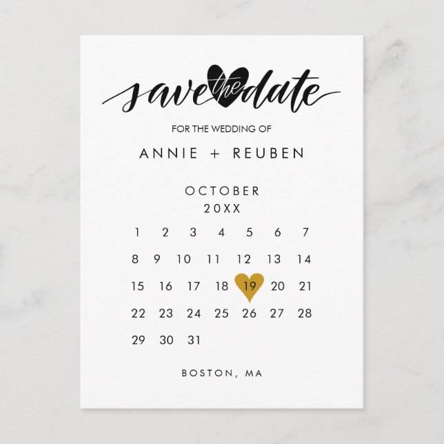 Goldener Liebe Herzkalender Save the Date Ankündigungspostkarte (Vorderseite)