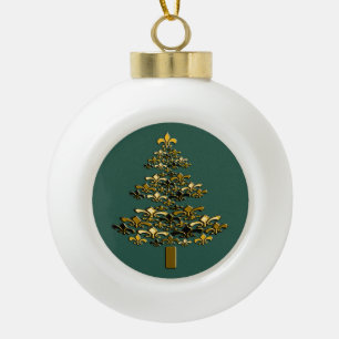 Goldener Lilien-Weihnachtsbaum auf reichem Grün Keramik Kugel-Ornament