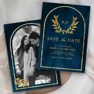 Goldener Lorbeerkranz Blätter Ozean Blau Hochzeit Save The Date