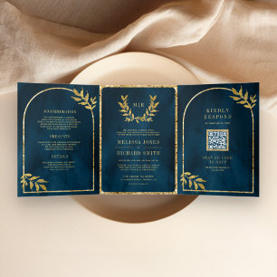 Goldener Lorbeerkranz Blätter Ozeanblau Hochzeit Dreifach Gefaltete Einladung