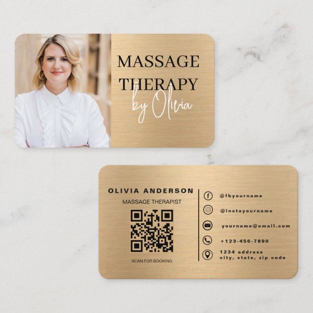 Goldener Massagetherapeut QR-Code Wellness-Spa  Visitenkarte (Vorne/Hinten)