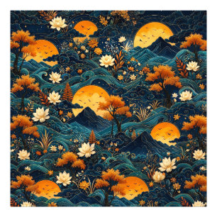 Goldener Mond Berg Nachthimmel Lotos Blumenmuster Fotodruck