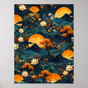 Goldener Mond Berg Nachthimmel Lotos Blumenmuster Poster