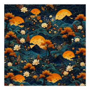 Goldener Mond Berg Nachthimmel Lotus Blumenmuster Poster
