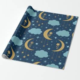 Goldener Mond mit Blume und Wolken Geschenkpapier
