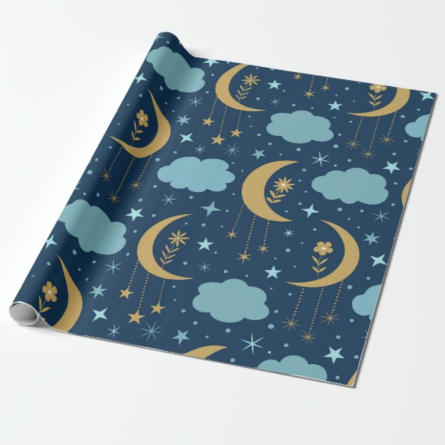 Goldener Mond mit Blume und Wolken Geschenkpapier (Ungerollt)