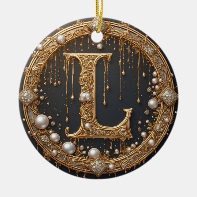 Goldener Monogramm Anfangsbuchstabe L Keramik Ornament (Vorne)